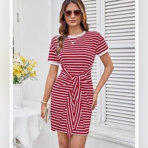 GRACE KARIN Striped Shirt Dress  Front Tie Crewneck Wrap Dress Short Sleeve